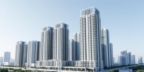 Obraz premium 3D rendering of a modern office building situated in a new residential area, showcasing sleek architecture and futuristic design elements, sleek, property