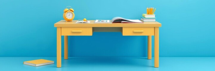 3D rendering of a school desk with school accessories and a yellow backpack on a blue background, perfect for educational or creative concepts, educational, illustration