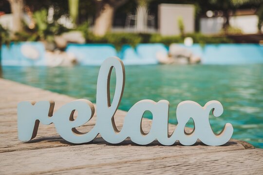 Fototapeta Inscriptions relax blue in blurred pool background