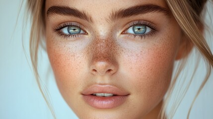 Obraz premium Model with striking blue eyes and natural freckles poses softly against a neutral background, showcasing natural beauty with minimal makeup, capturing a serene expression