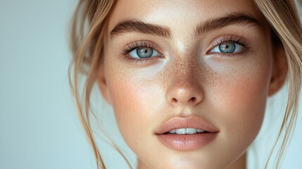 Obraz premium a beautiful woman with straight blonde hair, isolated against a white background. Portrait of a young model posing for a beauty and skin care advertising banner.