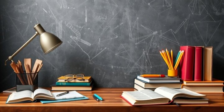 A collection of open hardback books displayed on a rustic wooden table, creating a visually captivating back-to-school theme, print media, desk