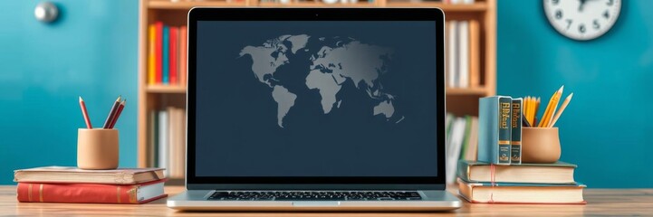 A composition of an open laptop and a stack of books in a classroom setting, symbolizing e learning and online education, internet encyclopedia, online education