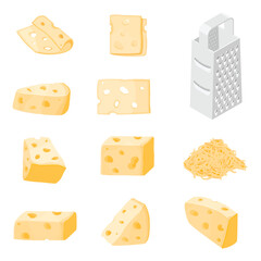 Set of cheese pieces and slices isolated on a white background. Cheese icon