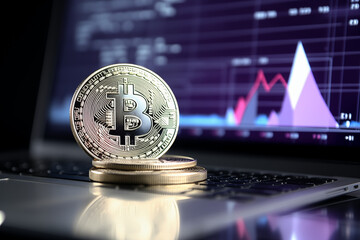 close up of physical silver Bitcoin coin resting on laptop keyboard, symbolizing cryptocurrency investment and digital finance trends. background with financial graphs and data analysis concept
