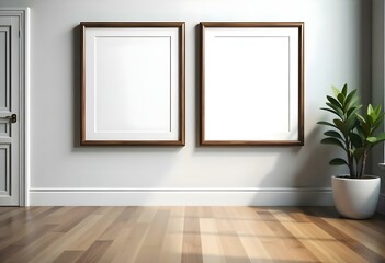 Two wooden framed empty picture frames hanging on a white wall above a wooden floor.