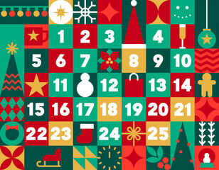 Advent calendar vector illustration. Printable advent calendar or Christmas poster