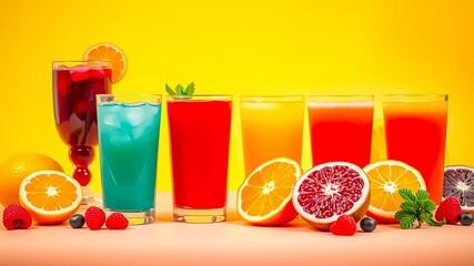 A vibrant collection of colorful beverages, bursting with fruity flavors and refreshing ingredients, displayed against a cheerful yellow backdrop.