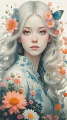 銀色の髪の女性が、パステルカラーの花冠と髪にとまる蝶で飾られています。彼女の表情は穏やかで優しく、彼女を取り囲む明るい花が踊っているようです。画像は純粋さ、時を超えた美しさ、自然とのつながりを伝えています。

