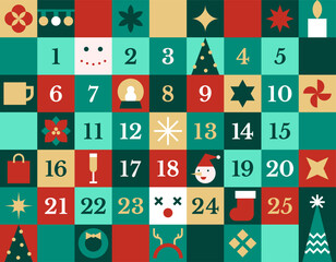 Advent calendar vector illustration. Printable advent calendar or Christmas poster