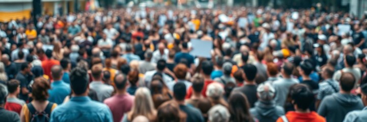 A large crowd of diverse individuals standing together against a blurred background of cityscape, solidarity, standing