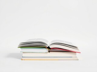 A neat and organized pile of books with one book open on a white background, ideal for study and educational concepts, education, knowledge