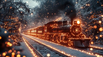 Naklejka premium Magical holiday train adorned with twinkling lights travels through a snowy forest landscape in the evening glow