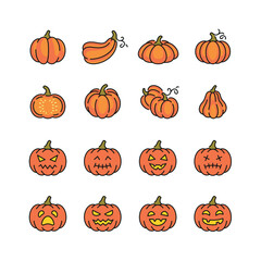 Vector line set of icons related with pumpkin. Contains color icons like halloween, vegetable, autumn, pumpkin and more. Simple outline sign.