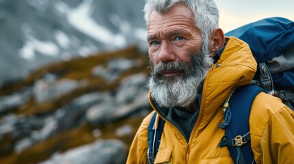 Experienced hiker with a gray beard, wearing a yellow jacket, pauses on rocky terrain in a mountainous region during an overcast day - Powered by Adobe