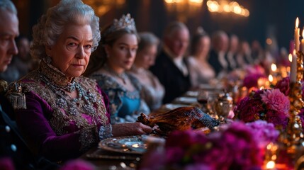 Obraz premium An elegant queen dressed in regal attire sits at a lavishly set dining table surrounded by royal guests, exuding power and grace in a grand banquet hall.
