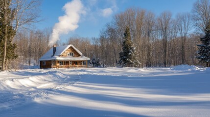 A cozy cabin in the woods on a sunny winter day with smoke rising from the chimney.