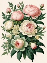 Fototapeta premium ピンクと白のトーンの繊細なボタンの花束で、緑の葉に囲まれています。