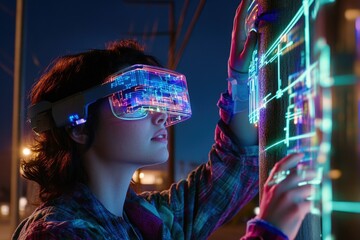 A technician wearing augmented reality glasses examines digital data projected onto a utility pole during nighttime. The vibrant visuals enhance their inspection process.