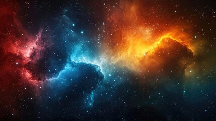 Stunning Deep Space Nebula with Vibrant Interstellar Clouds in Shades of Red, Blue, Orange, and Yellow Set Against a Starry Galactic Background