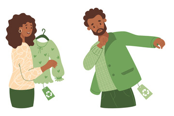 Shopping eco-friendly clothes. Black ethnic man trying on jacket and woman buying with blouse made from recycled material. Concept sustainable fashion. Vector illustration. Isolated buyer character