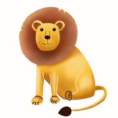 A friendly, cheerful lion illustration with a bright yellow mane. Ideal for children's books, jungle-themed designs, or educational resources about wildlife.