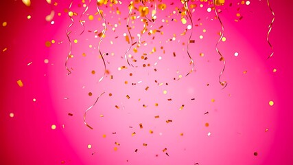 Golden confetti and ribbons cascade against a vibrant pink backdrop, evoking a sense of joy and celebration.
