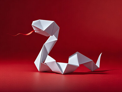 white simple folded paper snake shaped figurine on a red background. The symbol of 2025. Happy Chinese New Year.