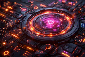 Obraz premium Futuristic Circuit Board with Glowing Orbital Design for Technology Concept