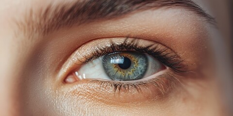 Obraz premium Close-up view of a human eye showcasing vibrant blue and green colors with detailed iris patterns under natural lighting in a softly focused background