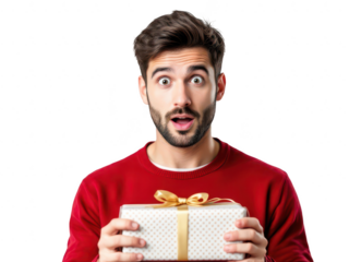Portrait of a young man with a surprised expression holding a gift, isolated on transparent background