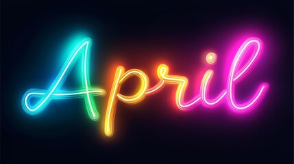 Vibrant Neon Sign Spelling April in Pastel Colors on Dark Background for Spring Designs