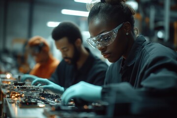 Obraz premium In a factory, several Black individuals focus on assembling electronic components, wearing safety gear as they work with precision in a collaborative environment.