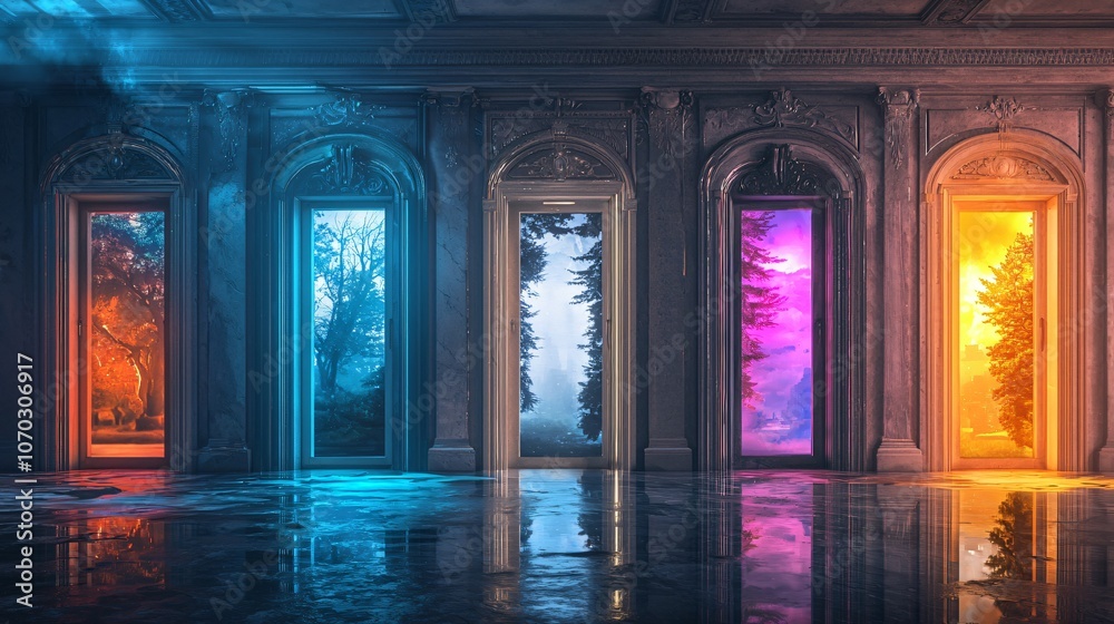 Aufkleber explore the mystical enchanted room with colorful doors leading to different realms of nature and im