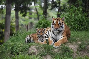 Obraz premium Two tigers, one adult and one cub, resting on a patch of grass