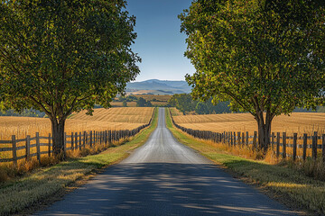 Fototapeta premium Tranquil country road lined with trees and fields under blue sky