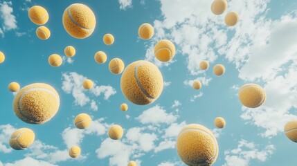Multiple tennis balls falling from the sky against a backdrop of white clouds and a bright blue sky.