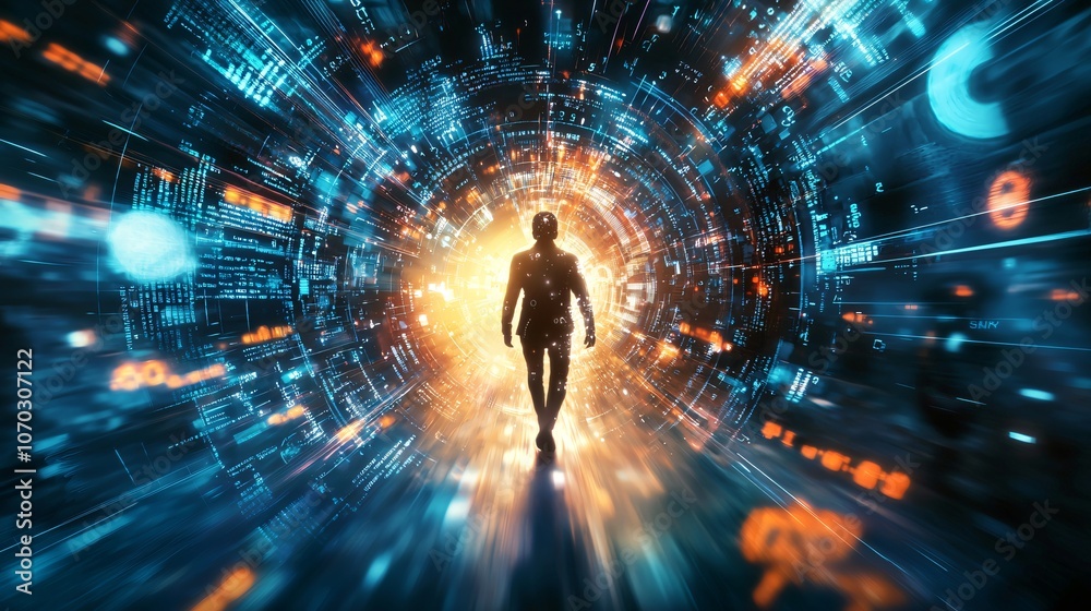 Aufkleber Explore the hypothetical journey of a person dissolving into time through a vivid visualization of digital transformation