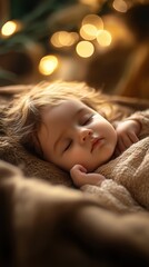 Softly sleeping child wrapped in cozy blanket near warm lights in a serene indoor setting during evening hours