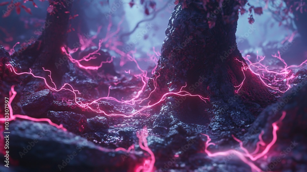 Poster explore a futuristic forest where nature and advanced technology intertwine to create a stunning vis