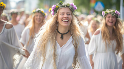 Joyful women in white dresses celebrating with floral wreaths.
