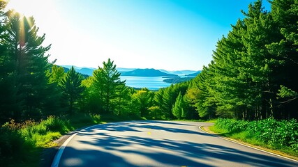 A winding paved road through lush green trees with a picturesque view of a calm blue lake and distant hills in the background.