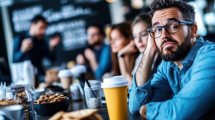 A man looking bored sits with a group at a cafe, surrounded by coffee cups and snacks, reflecting disengagement during an informal meeting.