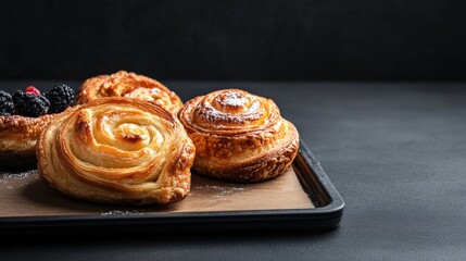 Freshly baked pastries arranged on a black tray with glossy surface highlighting their flaky texture and rich colors, appealing for breakfast or dessert selection at a bakery