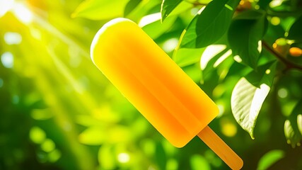 A Yellow Popsicle Frozen in Time Against a Backdrop of Lush Green Foliage and a Sun-Kissed Sky