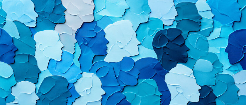 Abstract Blue Silhouettes of Faces in a Crowd  Modern Art Painting, Abstract Blue Silhouettes of Faces in a Crowd  Modern Art Painti