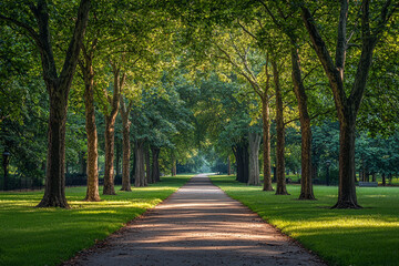 Obraz premium Sunlit tree-lined path in a tranquil park during afternoon hours