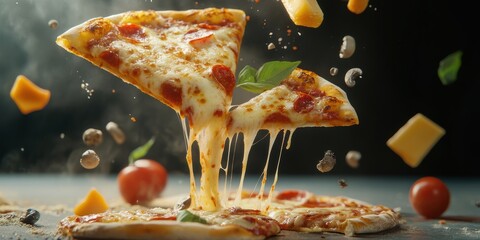 Delicious slice of pepperoni pizza with melted cheese and fresh ingredients flying in the air, creating a mouthwatering culinary display in a dimly lit setting