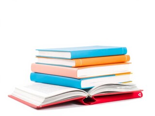 A vibrant stack of assorted hardback books in various colors, isolated on a white background, perfect for educational and creative design projects, digital media, education