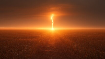 Obraz premium A single lightning strike illuminates a dramatic sunset over a vast field.